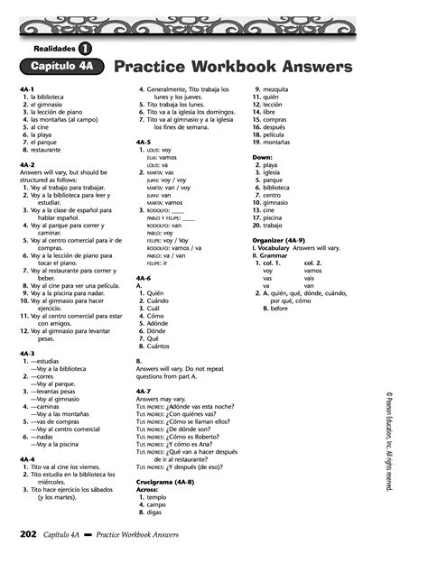 Chapter 3B, Chapter 4A, Chapter 4B Practice Worksheet Answers Realidades 1 Spanish 1 - Dwarfen ...