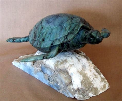 Green Sea Turtle Jade With Tourmaline On An Alabaster Base 10 X 5
