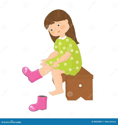Little Girl Puts On Boots Stock Vector Illustration Of Cartoon 88038807