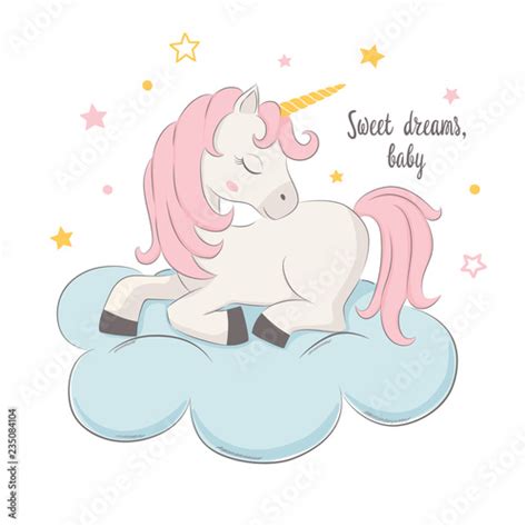 Cute Unicorn On The Clouds Illustration For Kids Stock Image And
