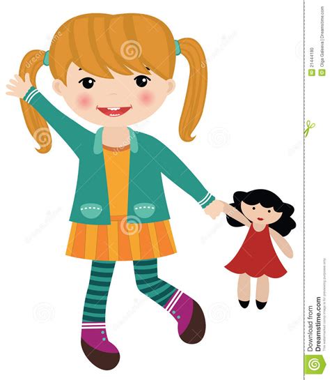 Little Girl Holding A Doll Stock Vector Illustration Of