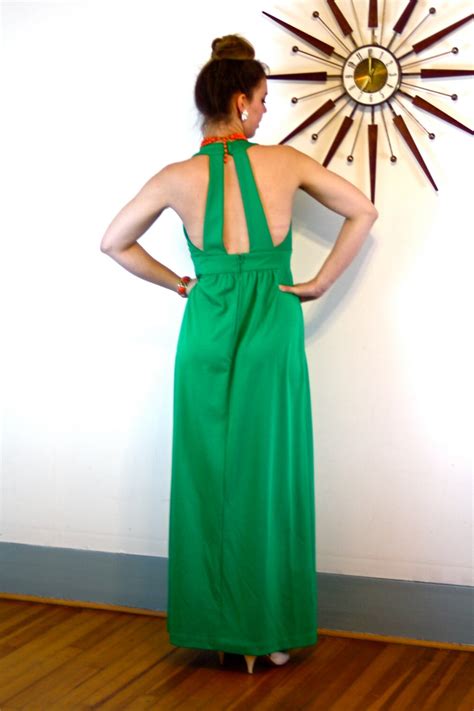 70s Maxi Dress 70s Disco Dress Emerald Green Dress Low V Neck Sexy