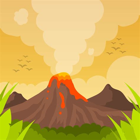 Flat Volcano Eruption With Orange Sky Vector Background Illustration