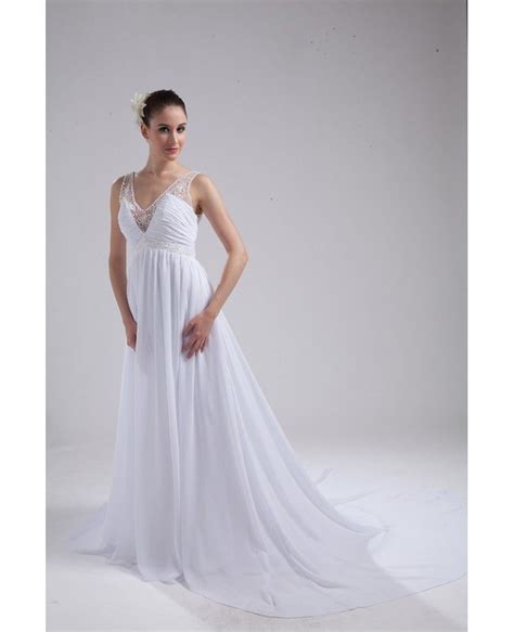 16490 Beaded V Neck Long Empire Waist Aline Wedding Dress Op4098
