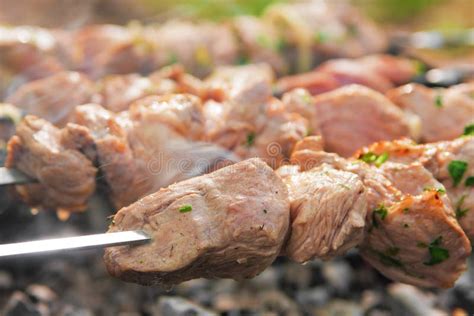 Meat Grilling Over Charcoal Stock Image Image Of Barbecue Diced