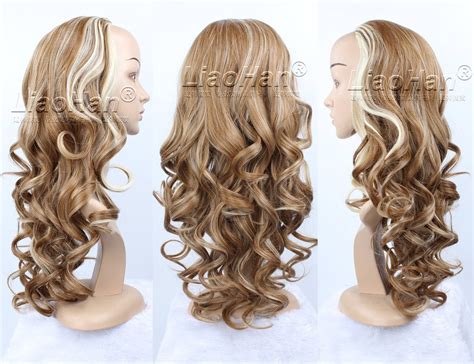Long Curly 34 Half Wig Fall Synthetic Brown Wig With Blonde Highlights