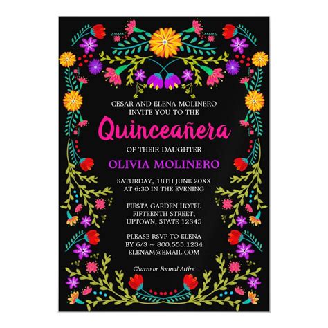 Mexican Folk Art Black Colorful Floral Quinceanera Magnetic Invitation