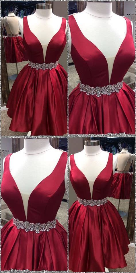 A Line V Neck See Through Back Burgundy Satin Homecoming Dress With