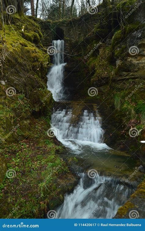 Beautiful Waterfall With Silk Effect In Gorbeia Natural Park Waterfall