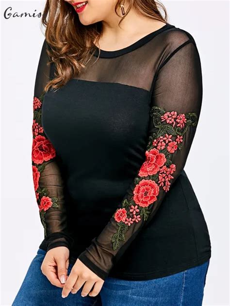 Wipalo Women Plus Size Embroidery Sheer Long Sleeve Tops Shirts Women