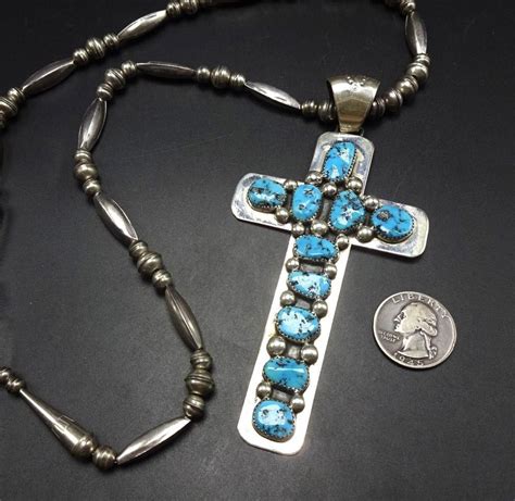 Vintage Navajo Sterling Silver Turquoise Cross Pendant With Nav Pearls