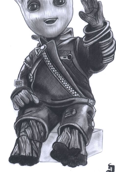 Diego Septiembre Original Charcoal And Graphite Drawing Baby Groot