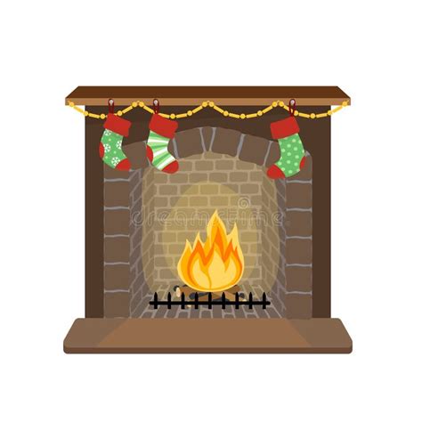 Cozy Fireplace With Christmas Stockings And Garland Flat Cartoon