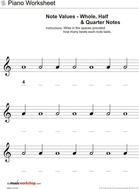 21 011 Note Values Whole Half And Quarter Piano Worksheets Music