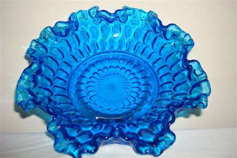 Vintage Fenton Blue Thumbprint Glass Bowl Etsy Blue Glassware Fenton Glass Fenton Glassware