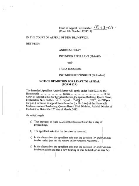 April 5 2012 Motion For Leave To Appeal Form 62a Court Of Appeal