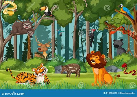 Wild Animal Cartoon Character In The Forest Scene Stock Vector