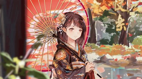 Скачать 1920x1080 девушка зонтик аниме кимоно сад осень обои