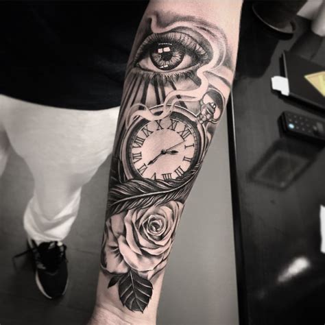 Clock Eye Rose Rays Flow Tattoo Black And Grey Roman Clock And Rose