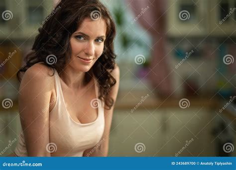 Beautiful Brunette Woman Housewife Stock Photo Image Of Chef Home