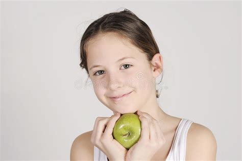 Young Girl With A Shiny Green Apple Stock Image Image Of Nature Cute