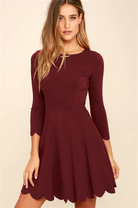 burgundy skater dress long sleeve dress skater dress