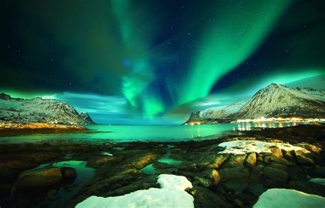 Lofoten Islands Norway Norther Lights Sky Night Sea Ocean