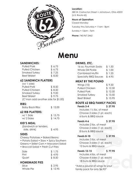 Route 62 Barbecue Llc Menu In Johnstown Ohio Usa