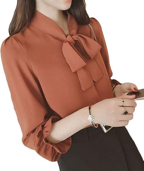 Grmo Women Chiffon Long Lantern Sleeve Solid Color Bow Tie Neck Shirt Blouse Tops Coffee Us S