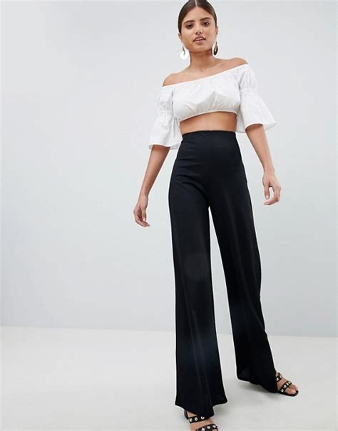 Prettylittlething Basic High Waisted Wide Leg Trousers In Black Asos