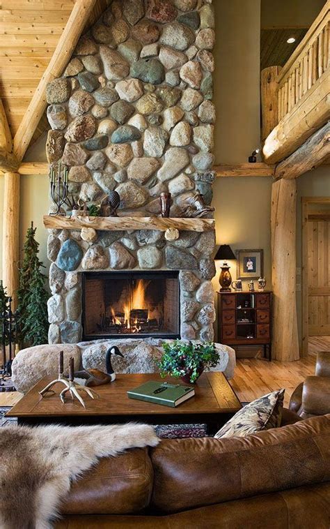 Log Cabin River Rock Fireplace Home Fireplace Fireplace Design