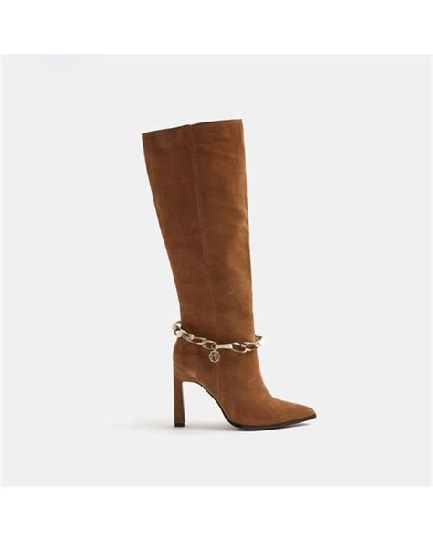 River Island Brown Suede Chain Knee High Heeled Boots Lyst UK