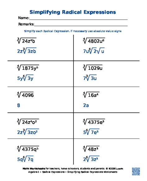 Simplify Radical Expressions Worksheets