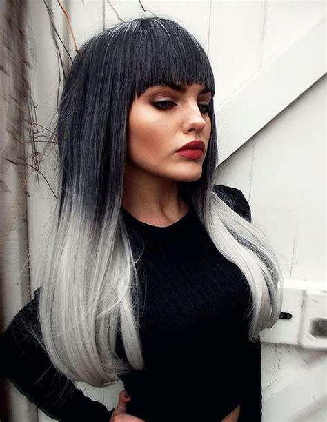 7 Haare Grau Färben Schwarze Bluse Roter Lippenstift Glatte Lange Haare