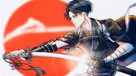 Anime woman wearing crop top and red shorts leaning on wall wallpaper. Attack On Titan Levi Ackerman With Sword With Background ...