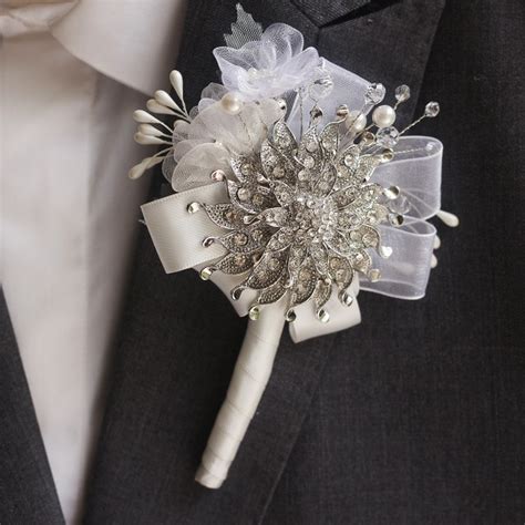 Handmade Groom Corsages Bestman Lapel Flowerssilver Brooch And Chiffon