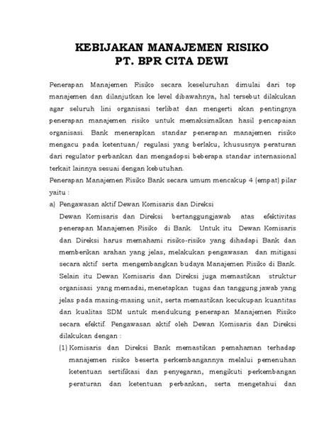 Kebijakan Manajemen Risiko Pt Bpr Cita Dewi Pdf