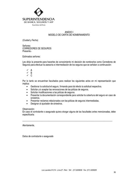 Modelo Carta De Nombramiento Pdf Póliza De Seguros Seguro