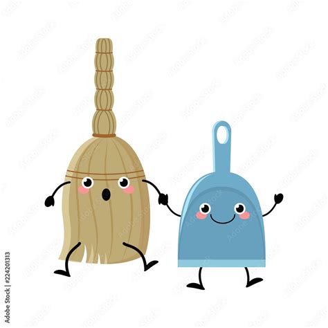 Cute Cartoon Broom And Dustpan Characters Vector Illustartion In Stock
