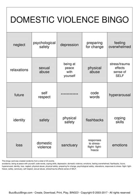 Domestic Violence Bingo Cards To Download Print And Customize