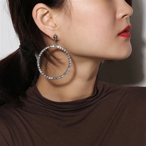 Luxury Rhinestone Round Circle Earrings For Women Geometric Shape Big Drop Dangle Earring