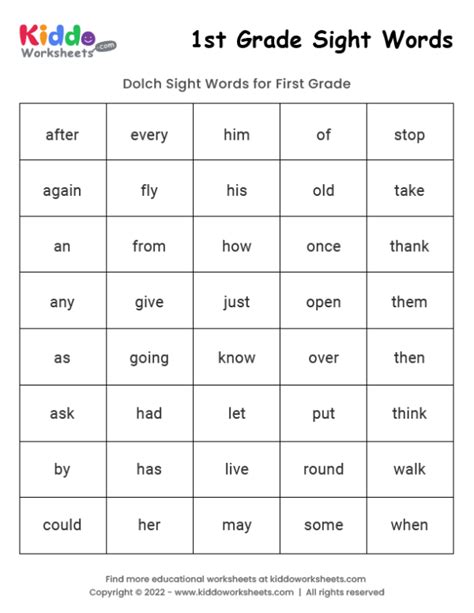 Free Sight Words Worksheet For 1st Grade