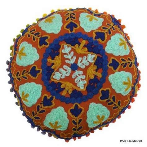 khushi handicraft round suzani embroidered floral cushion cover size 16 x 16 inch at rs 350