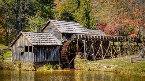 Pictures Usa Watermill Mabry Mill Autumn Nature Forest 1366x768