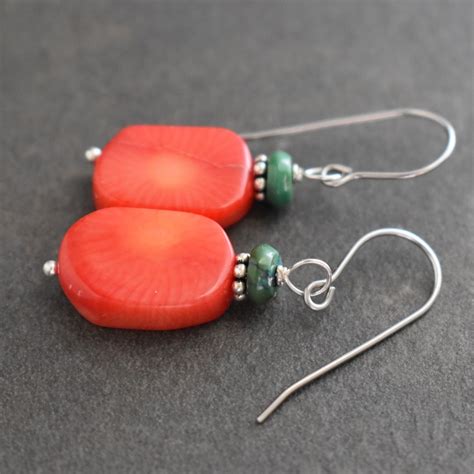 Turquoise And Red Coral Rectangle Earrings Wild Hare Gems