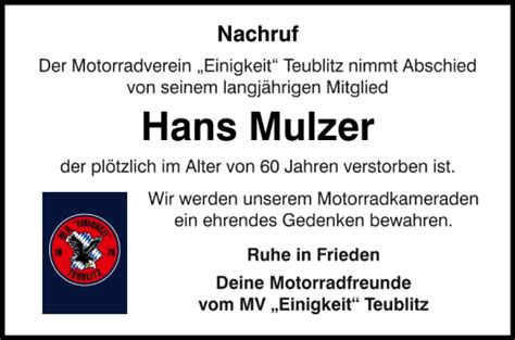 Traueranzeigen Von Hans Mulzer Mittelbayerische Trauer