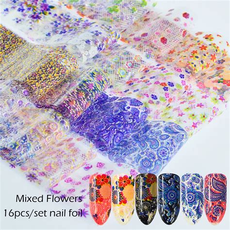 16pcs lot lace flower nail foil nail art transfer stickers decal set 4 20cm colorful floral