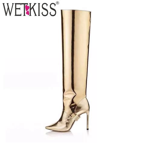 Wetkiss Over The Knee Women Boots Pointed Toe Footwear Mirror Boot Female Thin High Heels Shoes