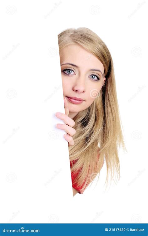 Shy Woman Looking Over Blank Card Stock Photo Image 21517420