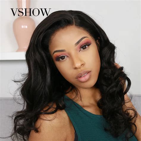 Vshow Peruvian Body Wave Lace Front Human Hair Wigs Short Lace Natural Black Lace